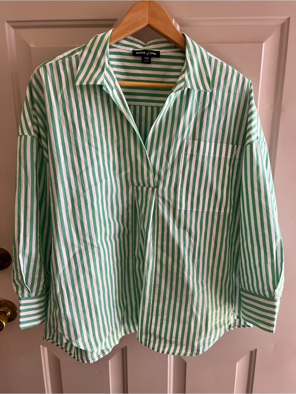 Nautica Jeans Green & White Striped Buttonless Shirt - Picture 1 of 6